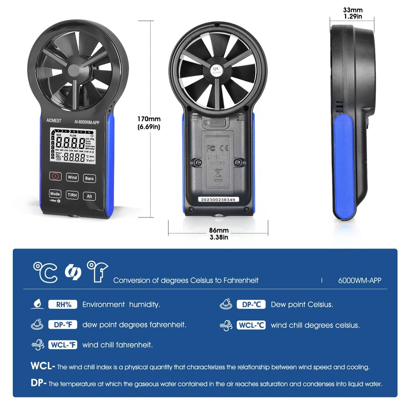 AIOMEST Anemometer Bluetooth, Handheld Wind Speed Gauge Meter w/Atmospheric Pressure,