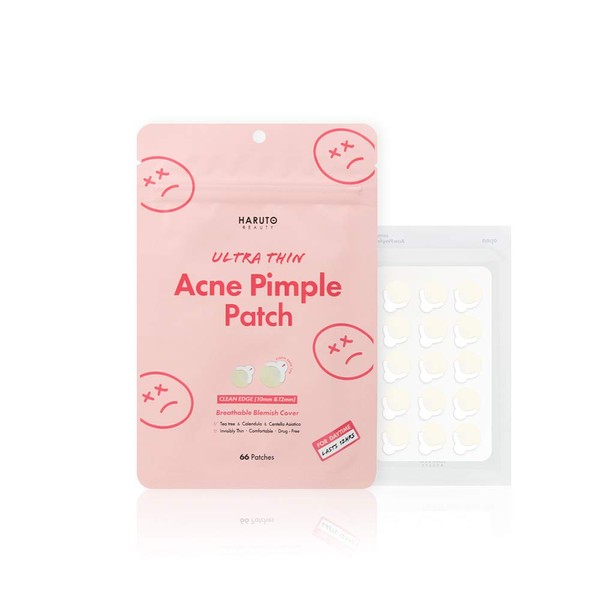 Haruto Ultra Thin Hydrocolloid Acne Pimple Patch, Skin treatment with Tea Tree & Calendula & Cica, Blemish Spot Cover Facial sticker (66 Counts / 1 Pack)