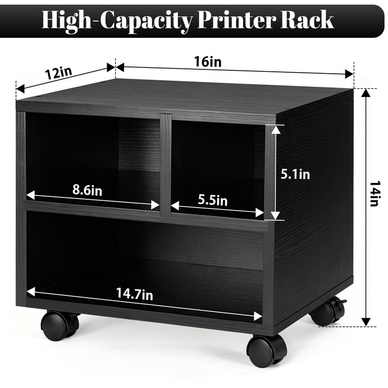 IBVIVIC Printer Stand with 3 Compartment, Under Desk Black Printer