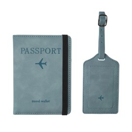 Luggage Tag and Passport Holder Set,Passport Cover with Card Slot and Boarding Pass Slot Combo,Passport Travel Must Have, Waterproof and Scratch Resistant Travel Accessories（Light Blue）