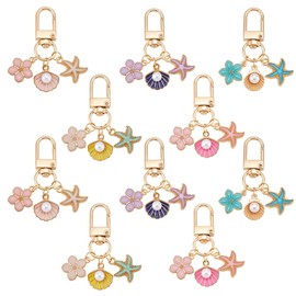 PH PandaHall 10pcs Starfish Shell Keychain, 5 Colors Flower Enamel Keychains Cute Ocean Beach Marine Key Chain Accessories for Purse Wallet Backpack Decoration, Birthday Gift, Women, Gold