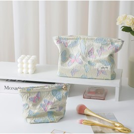 getgto 2 Pcs Makeup Bags, Large Cosmetic Bag Travel Toiletry Bag Organizer for Women, Embroidery Craft, Floral Makeup Bag Small Cosmetic Pouch Purse with Zipper, Gifts for Girls Teen, Butterfly