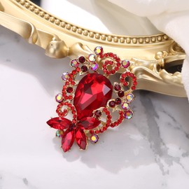 BriLove Elegant Crystal Teardrop Marquise Bouquet Brooch Pin for Women Ruby Color Gold-Tone