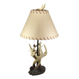 Ebros Large 26.25"H Wildlife Rustic Cabin Lodge Vintage Design Decor 3 Entwined Antlers with Pine Cones Table Lamp Statue with Shade and Pull Down Switch Forest Buck Deer Antler Desktop Lamps Accent