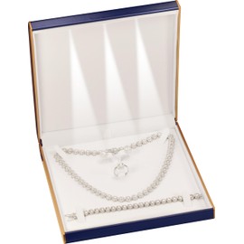 LED Extra Large Necklace Pendant Earring Ring Bracelet Box Luxury PU Leather Dome Top with Gold Color Painting on the Sides Big Jewelry Sets Gift Holder Box with Light for Women for Men (1, Blue)