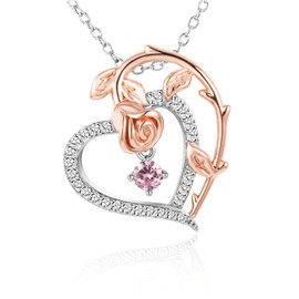 SNZM Birthstone Necklace for Women 925 Sterling Silver Heart Love Story Rose Flower Jewelry Pendant Necklaces-Birthday Anniversary Valentines Gift for Mother Daughter Wife (10-Oct.-Created Tourmaline)