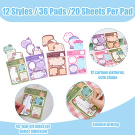 36 Pads Cartoon Sticky Notes Set, Self-Stick Notes Cute Stationary Supplies, Colourful Sticky Note Annotation Tabs, Shaped Memo Note Pad for Home Office School 720 Sheets (12 Styles)