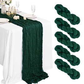 5 Packs Dark Green Cheesecloth Table Runner, 10Ft x 35" Emerald Green Rustic Gauze Boho Table Runner for Party, Forest Green Wedding Table Decor Table Cloth for Wedding Party Bridal Shower Table