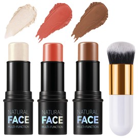 3 Pack Contour Highlighter Blush Sticks with Brush, Cream Bronzer Contour Stick Kit for Cheeks Eyes Lips, Long Lasting Waterproof Smooth Multi Stick Face Makeup Set for All Skin Type (Set C)