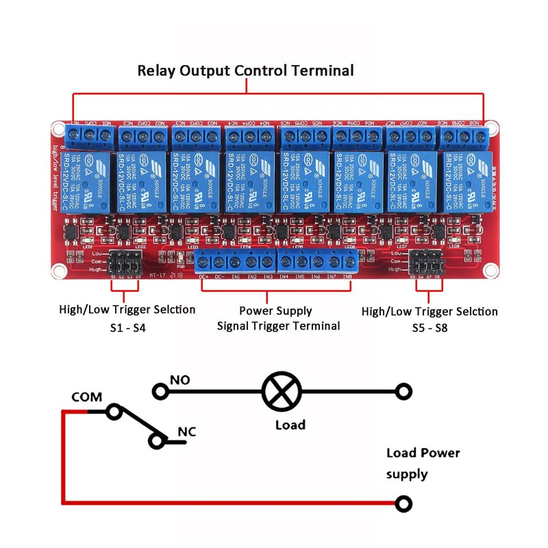 hiBCTR 12V 8-Channel Relay Module with Optocoupler Isolation - High/Low