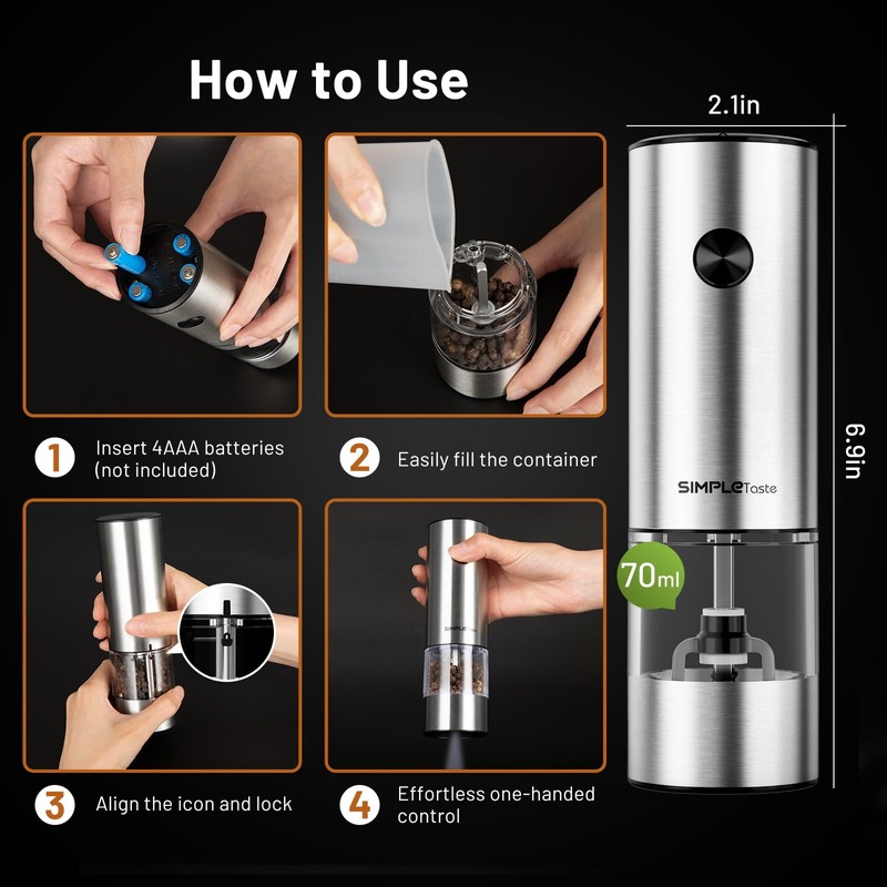 SIMPLETASTE Electric Salt and Pepper Grinder Set Automatic One Handed,