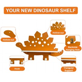 Dinosaur Wooden Wall Shelf Parlor Boudior Children's Decorative Orange Dinosaur Wall Shelf with Hanging Pegs