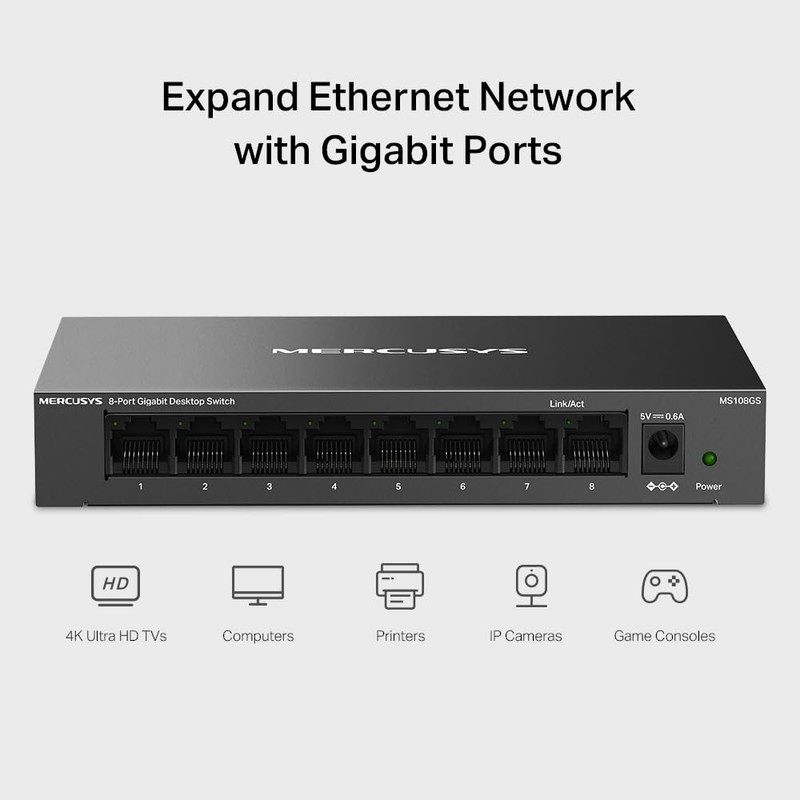 Mercusys MS108GS 8-Port Gigabit Network Switch, Unmanaged LAN Switch Network
