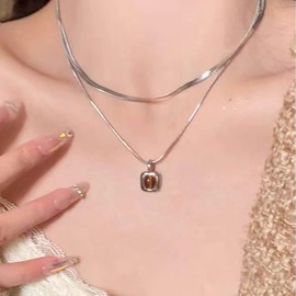 Inilbran Boho Layered Opal Square Pendant Necklace Vintage Geometric Square Necklace Silver Amber Square Choker Necklace Adjustable Gemstone Snake Chain Necklace Jewellery For, Zinc