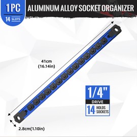 Reniteco Aluminum Socket Holder, 1-Piece Heavy Duty Premium Socket Rack with 14 Clips for 1/4-Inch (Blue)