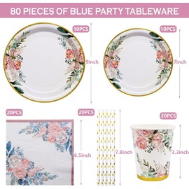 Fahibin 80pcs Floral Party Tableware Set, Wedding Floral Tableware Paper Plates Cups and Napkinsfor Birthday Party, Baby Shower, Wedding