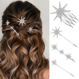 CAKURE Rhinestone Star Hair Bobby Pins Set Gold Crystal Hair Side Comb Shiny Crystal Decorative Hair Clips Wedding Hair Accessories for Women and Girls (Pack of 4) (b-silver)