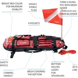 Cressi Spearfishing Signal Board Buoy - Spearguns Holder w/Line & Flag - Pockets, Ring - Designed Quality Since 1946, Red/White/Black