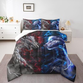 3D Dragon Kids Comforter Set Full Size,Western Dragon Wild Wolf Jungle Animal Hunting Bedding Set,Boys Men Room Decor,Red Blue Lightning Down Comforter,Blue Grey Duvet Insert,2 Pillowcases