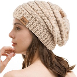 REDESS Slouchy Beanie Hat for Men and Women Winter Warm Chunky Soft Oversized Cable Knit Cap Beige