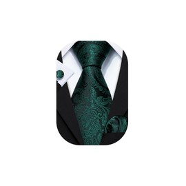 Barry.Wang Green Tie Sets Silk Paisley Floral Necktie Pocket Square Cufflinks Set for Wedding Party Christmas