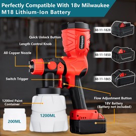 Adisipsoarin 18v Paint Sprayer High Speed for Milwaukee M18 18v Battery, 2 Containers,Easy to Clean,for House Painting,Furniture(Batteries not Included)