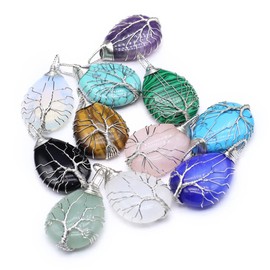 4 Pcs Natural Stone Pendants Random Water Drop Shape Healing Crystal Agate Life Tree Wire Knitting Charms for Jewelry Making Necklace Gift, Stone