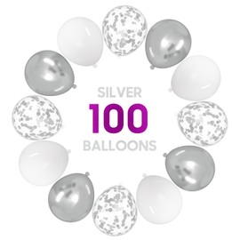 OWill 100pcs Balloons Silver and White Confetti 12 Inches Silver and White Latex Balloons, Silver Confetti Balloons for Birthday Baby Shower Wedding Party Supplies Arch Garland Decoration