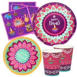 KYMY Happy Diwali Table Decorations, 64pcs Deepawali Rangoli Party Tableware Set, Disposable Festival of Lights Diwali Plates Napkins Cups for India Festival Diwali Party Decorations, Serve 16 Guest