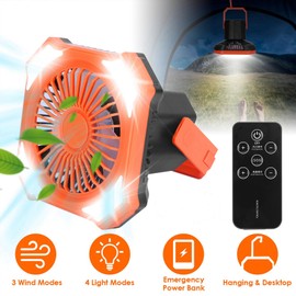 Zorpupoa Camping Fan with Remote Control, Rechargeable Fan with LED Lantern, 3 Speeds Desk Fan with Light & Hook, Portable Small Tent Fan for Camping, Camp Fan for Tent
