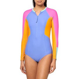 Body Glove Women's Standard Long Sleeve Paddle One Piece Swimsuit with UPF 50+, Iris Blue Colorblock
