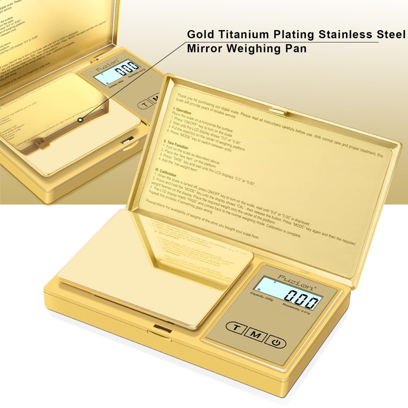 Fuzion Gram Scale, 200gx0.01g Digital Pocket Scale Gold Titanium Plating,