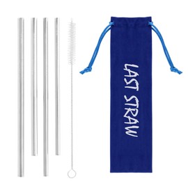 LAST STRAW Navy Blue Velvet Collection – Portable 304 Stainless Steel Cocktail Length Eco-Friendly Drinking Straws - Set of 4 Washable Silver Metal Straws + Brush + Velvet Carrying Pouch