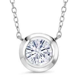 Gem Stone King 925 Sterling Silver White Moissanite Pendant Necklace for Women | 1.90 Cttw | Gemstone Birthstone | Round 8MM | With 18 Inch Chain, Sterling Silver Gemstone, Moissanite
