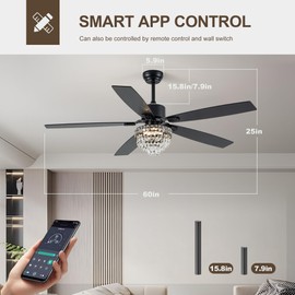 Esiovco Chandelier Ceiling Fans with Lights and Remote, Chandelier Fan Ceiling,Crystal Ceiling Fan Fandelier with Lights,6 Speed 3 Timer Quiet Ceiling Fan for Bedroom (Black, 60 Inch)