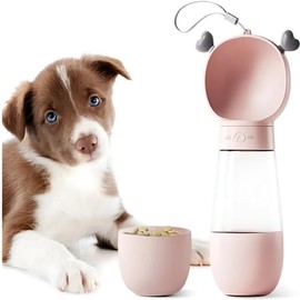 Botella De Agua para Perros, Dispensador Portátil de Botellas de Agua para Mascotas con Contenedor de Alimentos, Alimentador Mascotas Caminar al Aire Libre, Senderismo Viajes, 350ml (Rosa)
