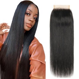 Hxxcoup Lace Closure Human Hair Closure Straight Lace Closure 4X4 Black Hair with Baby Hair Bleached Knots Natural Remy Soft Swiss Nno Smell No Tangle 28 Inch