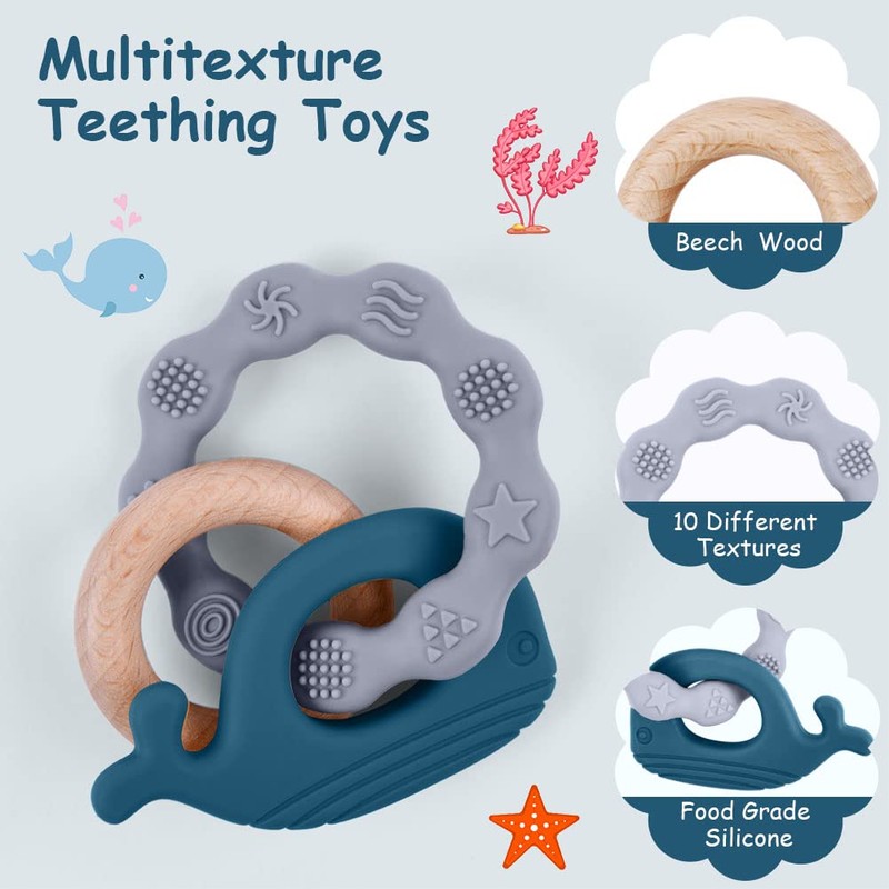Vicloon Baby Teether Toys, Silicone & Natural Wood Teether Ring,