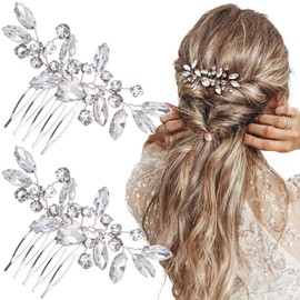 PAGOW 2 Pcs Bridal Hair Comb, Clear Rhinestone Hair Accessories, Crystal Wedding Hair Comb, Sparkly Hair Pieces for Women, Bride, Bridesmaids, Wedding, Christmas, Parties, Prom, Dance (Silver)