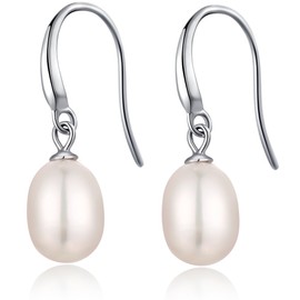 jiamiaoi Women's Pearl Earrings, 925 Silver, Hoop Earrings with Pearls, Pendant Pearl Earrings, Silver Pendant, Real Pearl Earrings, for Girls, 8 - 10 mm, Silver, 9 mm