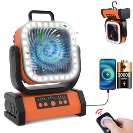 20,000mAh Rechargeable Camping Fan with LED Light, Portable Multi-functional Fan, 360° Rotation, Auto Oscillation, Remote Control creative gift outdoor tent - Color: Orange -20000 mAh