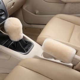 OGLAND Fluffy Natural Fur Sheepskin Car Gear Shift Handle Level Stick Knob Covers for Automobile Selector Handball Collar, Handbrake Cover (Pearl)