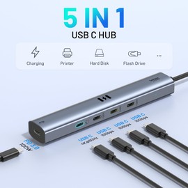 5 in 1 USB C Hub with 10Gbps 4K@60Hz, USB C to USB C Hub with Video Output Data Transfer 100W PD Charging USB C Hub Multiport Adapter Dongle for Laptops iPads Phones MacBook Pro Type-C Devices