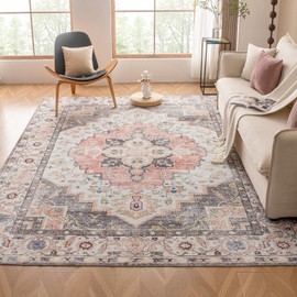 VK VK·LIVING Machine Washable Rug 6'x9' Vintage Design Washable Area Rugs with Non Slip Rugs for Living Room Bedroom Traditional Woven Rug Carpet Stain Resistant, Dining Office Boho Rug, (Mistyrose)