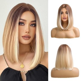 OUFEI Short Straight Blonde Bob Wig for Women Natural Synthetic Hair Ombre Wigs with Brown Roots Cosplay Daily Party Use