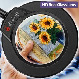 Gooseneck Magnifying Glass with Light, 5 Color Modes Brightness Stepless Dimmable LED Desk Lamp, Real Glass Lens Lighted Magnifier Hands Free for Close Work Craft Sewing