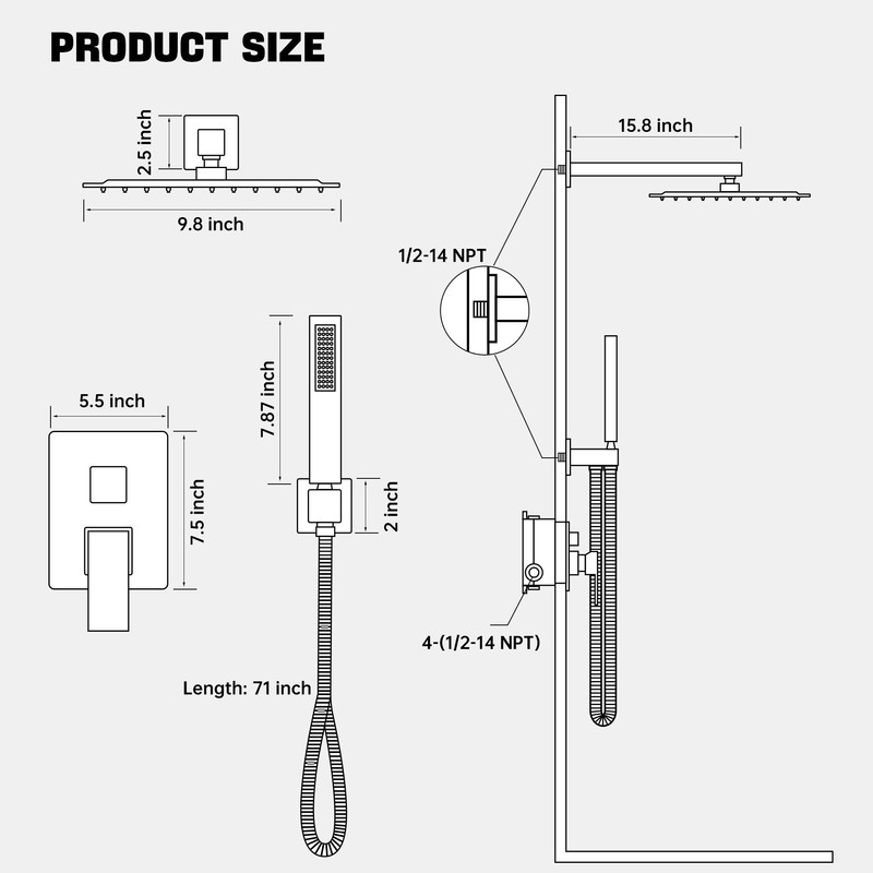 Square Rainfall Shower Head and Handle Set, 10 inch Wall