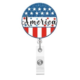 4th of July Badge Reel,Round Shape Stars Acrylic Badge for ID Card Badge,Telescoping Retractable Badge Holder Alligator Clip Accessories for Nurse,Medical Worker,Nursing Student,Teacher