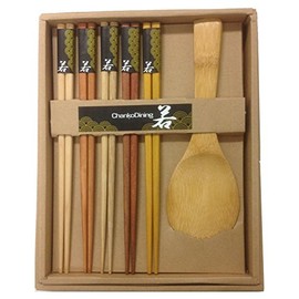 彩食箸 スプーン 5 pairs of Mulitcolor Japanese Wooden Chopsticks Gift Set with a Rice Paddle Set (10 chopsticks in total)
