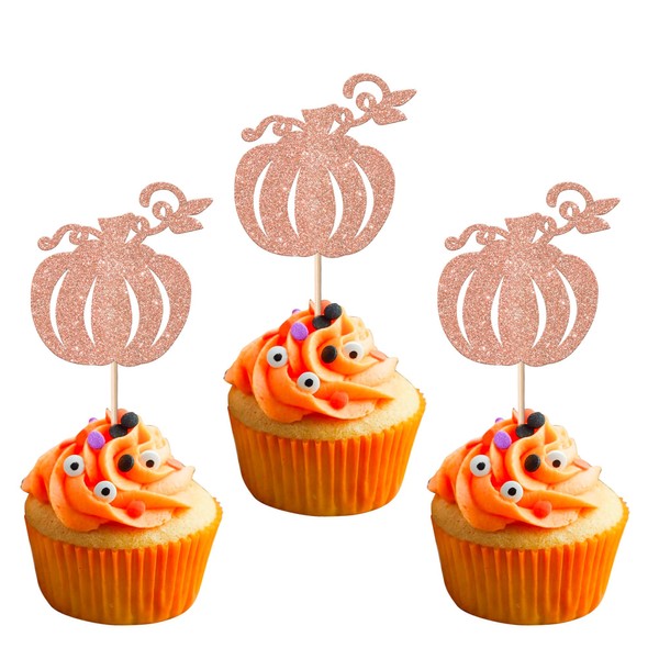 Paquete de 24 adornos para cupcakes de calabaza, diseño de otoño, decoraciones para tartas de Halloween, decoración de tartas con temática de calabaza, baby shower, Acción de Gracias, fiesta de cumpleaños, decoración de pasteles, suministros de oro rosa